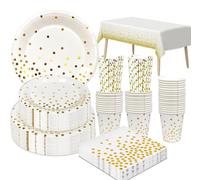 Ensemble de vaisselle pour fêtes blanches et dorées, comprenant 121 pièces, idéal pour les anniversaires d'enfants