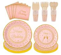 Ensemble de vaisselle rose pour 25 personnes, comprenant 125 pièces : assiettes, gobelets, serviettes et couverts