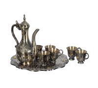Ensemble de Verres à Boire Vintage en Alliage avec Théière et Plateau | Reliefs D’inspiration Palatiale, Support Inclus, Décoration Élégante pour Bar Domestique, Service de Vin, Whisky ou Café