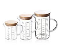 Ensemble de verres doseurs, 3 pièces, en verre résistant à la chaleur : 1 litre, 500 ml et 350 ml. Fabriqués en verre borosilicaté avec poignée et bec verseur