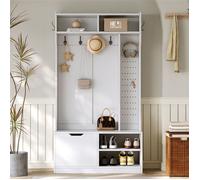 Ensemble de Vestiaire d'Entrée avec Meuble Chaussure Rabattable et Crochet, Porte Manteau Mural Sans Percage avec Rangement, Blanc