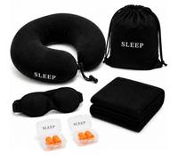 Ensemble de voyage confortable avec oreiller cervical en mousse à mémoire de forme, couverture polaire, masque de sommeil 3D, 2 paires de bouchons d'oreilles en polyuréthane et sac de rangement Oxford