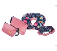 Ensemble de voyage pour avion, 3 pièces, motif rose : coussin de voyage pour le cou, masque de sommeil et pochette de toilette. Accessoires de voyage pour femmes