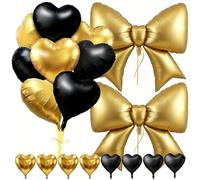 Ensemble Déco Fête Ballons Cœur Dorés & Noirs : Ballons Cœur Dorés/Noirs 45cm & Ballon Papillon 96cm, Adapté Anniversaire, Saint-Valentin, Fiançailles, Baptême, Mariage