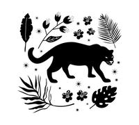 Ensemble décoratif Panthère et plantes exotiques Stickers muraux en PVC 72x74.2cm Étanche Noir