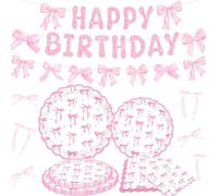 ensemble décoration anniversaire noeuds roses incluant bannière assiettes | ensemble décoration anniversaire noeuds roses incluant bannière assiettes serviettes accessoires cadeaux pour vingt invités