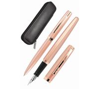 Ensemble d'écriture en rose gold, comprenant un stylo plume, un stylo à bille et un étui en cuir