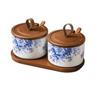 Ensemble d'épices avec motif floral, comprend une bouteille en céramique, une salière, un pot à épices avec couvercle, une cuillère et un sucrier - Lot de 3 pièces pour la maison et la cuisine