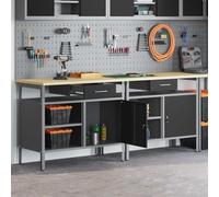 Ensemble d'établi en acier avec étagère et tiroirs - 200 x 55 x 85 cm - Noir et gris - Charge lourde jusqu'à 400 kg - Table de travail avec rangement d'outils et paroi perforée pour garage, cave