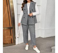 Ensemble deux pièces pour femmes grandes tailles, gilet et pantalon casual à carreaux gris pour l'automne et l'hiver. Tenues assorties, vêtements d'affaires pour femmes, vêtements de travail, tenues a