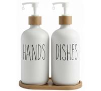 Ensemble distributeur de savon de cuisine, distributeur de liquide vaisselle, flacon en verre avec coque en bambou, adapté à la salle de bains, à la cuisine et à la buanderie (blanc)
