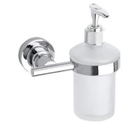 Ensemble distributeur de savon, verre dépoli et acier inoxydable chromé – Distributeur de savon liquide à fixation murale sans perçage, avec solution adhésive – 125 mm x 155 mm x 100 mm