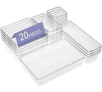Ensemble d'organisateurs de tiroirs Ibenzoa®, 20 pièces, en acrylique transparent, empilables – 5 tailles : 1x23x15,7x5 cm ; 3x23x7,7x5 cm ; 5x15x15x5 cm ; 5x15x7,7x5 cm ; 6x7,7x7,8x5 cm ; inclut 100 