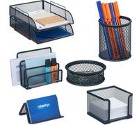Ensemble d'organiseurs de bureau Relaxdays, 7 pièces, en filet, avec compartiments de rangement, porte-notes, porte-lettres, porte-trombones et porte-crayons, anthracite