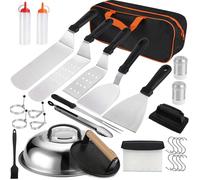 Ensemble d'outils de barbecue en acier inoxydable comprenant 29 pièces, notamment une spatule pour grill, un presse-hamburgers, un appareil à omelettes et d'autres accessoires
