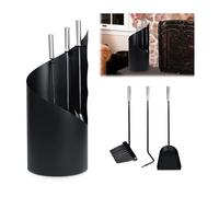 Ensemble d'outils de cheminée rond 4 pièces en fer forgé avec pelle, brosse, tisonnier et support pour cheminées intérieures et extérieures, salons, foyers