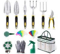 Ensemble d'outils de jardin Unyqoos® comprenant 12 pièces : pelle à main, outils pour désherber, sécateur, gants, sac de transport et flacon pulvérisateur, en acier inoxydable et polyester, de couleur