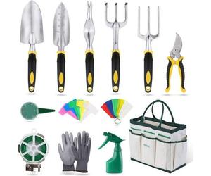 Ensemble d'outils de jardin Unyqoos® comprenant 12 pièces : pelle à main, outils pour désherber, sécateur, gants, sac de transport et flacon pulvérisateur, en acier inoxydable et polyester, de couleur