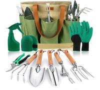 Ensemble d'outils de jardinage, 10 pièces, en acier inoxydable, avec sac de transport et manches en bois