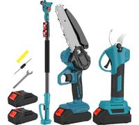 Ensemble d'outils de jardinage Akku : scie à chaîne télescopique et cisaille d'élagage électrique. Longueur de la lame : 15 cm. Épaisseur de coupe : 25 mm. Vitesse : 18 000 tr/min. Livré avec 2 batter