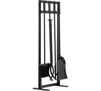 Ensemble d'outils pour cheminée, ensemble de 5 outils et support avec cadre carré, pince, pelle à cendres, brosse, tisonnier, accessoires en fer forgé pour cheminée d'intérieur/extérieur, noir