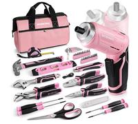 Ensemble d'outils rose comprenant 53 pièces, avec une perceuse-visseuse sans fil compacte et une trousse à outils remplie, idéal pour les réparations domestiques