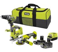Ensemble d'outils RYOBI comprenant : 1 perceuse-visseuse sans fil R18DD3 + 1 meuleuse d'angle (115 mm) + 1 scie sauteuse + 2 batteries (4 Ah et 2 Ah) + 1 chargeur et 1 sac de transport