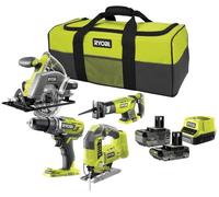 Ensemble d'outils RYOBI comprenant : 1 perceuse-visseuse sans fil + scies (scie sauteuse, scie circulaire et scie sabre) + 2 batteries (4 Ah et 2 Ah) + 1 chargeur et 1 sac de transport