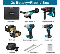 Ensemble d'outils sans fil sans balais - Set 4-en-1 hocs - Visseuse-perceuse - Meuleuse d'angle - Marteau-perforateur - avec 2 batteries 18V incluses dans une mallette