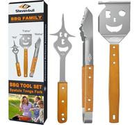Ensemble d'ustensiles de barbecue, 3 pièces, en acier inoxydable avec manche en bois : pince de barbecue, spatule, fourchette à viande, longueur 43,2 cm