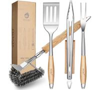 Ensemble d'ustensiles de barbecue, 4 pièces, en acier inoxydable avec manches en bois : pince de barbecue, spatule, brosse de nettoyage pour grill, fourchette pour grill