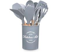 alpina Ensemble d'ustensiles de cuisine avec support, 12 pièces, silicone, manche en bois, gris