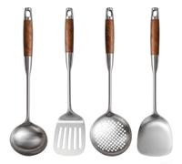 Ensemble d'ustensiles de cuisine avec manche en bois en acier inoxydable 316L - Spatule Wok Louche Cuillère pour gadgets de cuisine 39 x 7,5 cm (lot de 4)
