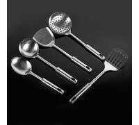 Ensemble d'ustensiles de cuisine, en acier inoxydable, comprenant 5 pièces : une cuillère, une louche, une passoire, une spatule plate et une spatule
