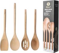Ensemble d'ustensiles de cuisine en bois de hêtre, outils de cuisine, gadgets de cuisine 4 pièces cuillère et spatule Mix parfait pour les casseroles et poêles anti-adhésives