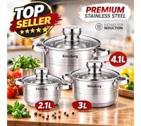 Ensemble d'ustensiles de cuisine Klönberg | Ensemble de 6 pièces pour cuisinières à induction | 2,1 L, 3 L, 4,1 L | Acier inoxydable | Couvercles en verre trempé | Poignées confortables | KB3031