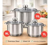 Ensemble d'ustensiles de cuisine Klönberg | Ensemble de 6 pièces pour cuisinières à induction | 7 L, 9 L, 11 L | Casseroles XXL | Acier inoxydable | Couvercles en verre trempé | Poignées confortables 