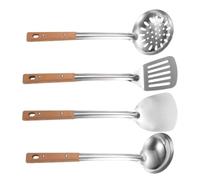 Ensemble D'ustensiles en Acier Inoxydable 4 Pièces Cuisine au Wok | Manche en Bois, Usage la Cuisine et Cuisson Maison, Argenté, Set Complet D'outils Polyvalents