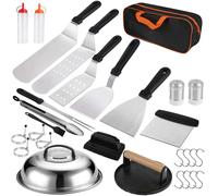 Ensemble d'ustensiles pour barbecue, 29 pièces - Accessoires pour grill - Presse à burgers - Spatule pour grill - Cloche à burgers en acier inoxydable - Ensemble pour burgers smash - Noir
