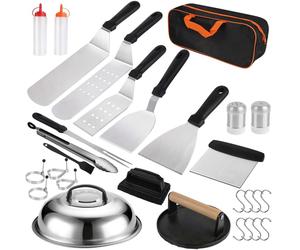 Ensemble d'ustensiles pour barbecue, 29 pièces - Accessoires pour grill - Presse à burgers - Spatule pour grill - Cloche à burgers en acier inoxydable - Ensemble pour burgers smash - Noir