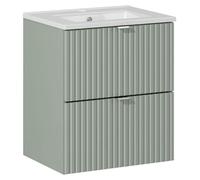 Ensemble ELVINA 50cm : meuble sous vasque à tiroirs vert sauge gris + vasque à encastrer en céramique blanche