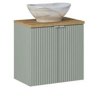 Ensemble ELVINA 60cm : meuble sous vasque à placards vert sauge gris + plan pour vasque aspect bois + vasque à poser marbrée
