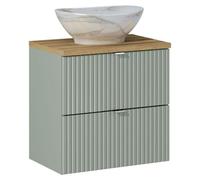 Ensemble ELVINA 60cm : meuble sous vasque à tiroirs vert sauge gris + plan pour vasque aspect bois foncé + vasque à poser marbré