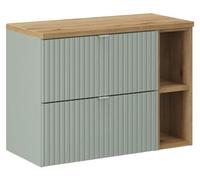 Ensemble ELVINA 80cm : meuble sous vasque à tiroirs vert avec niches visibles + plan pour vasque aspect bois foncé