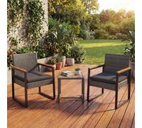 Ensemble en polyrotin HWC-P74, salon de jardin 2x chaises et table, bois d'acacia, tissu 180 g/m² ~ gris, coussins gris