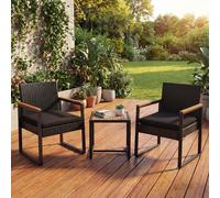 Ensemble en polyrotin HWC-P74, salon de jardin 2x chaises et table, bois d'acacia, tissu 180 g/m² ~ noir, coussins noirs