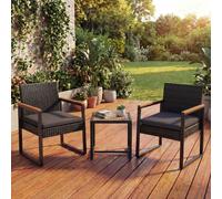 Ensemble en polyrotin HWC-P74, salon de jardin 2x chaises et table, bois d'acacia, tissu 180 g/m² ~ noir, coussins gris