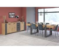 Ensemble Enfilade Table LOFT PARISOT, Chêne Artisan et Gris Ombre, 3 Portes, 8 Personnes, Enfilade 220x86.5x52 cm, Table 223.9x78.6x93 cm