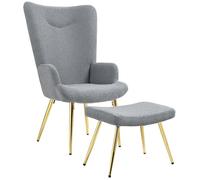 Ensemble fauteuil avec repose-pieds - HOMCOM - tissu bouclette gris et pieds en métal doré - dossier haut, grand confort