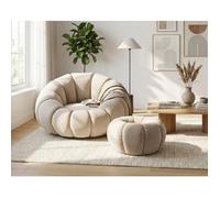 Ensemble fauteuil rond pivotant et pouf velours beige PERLE